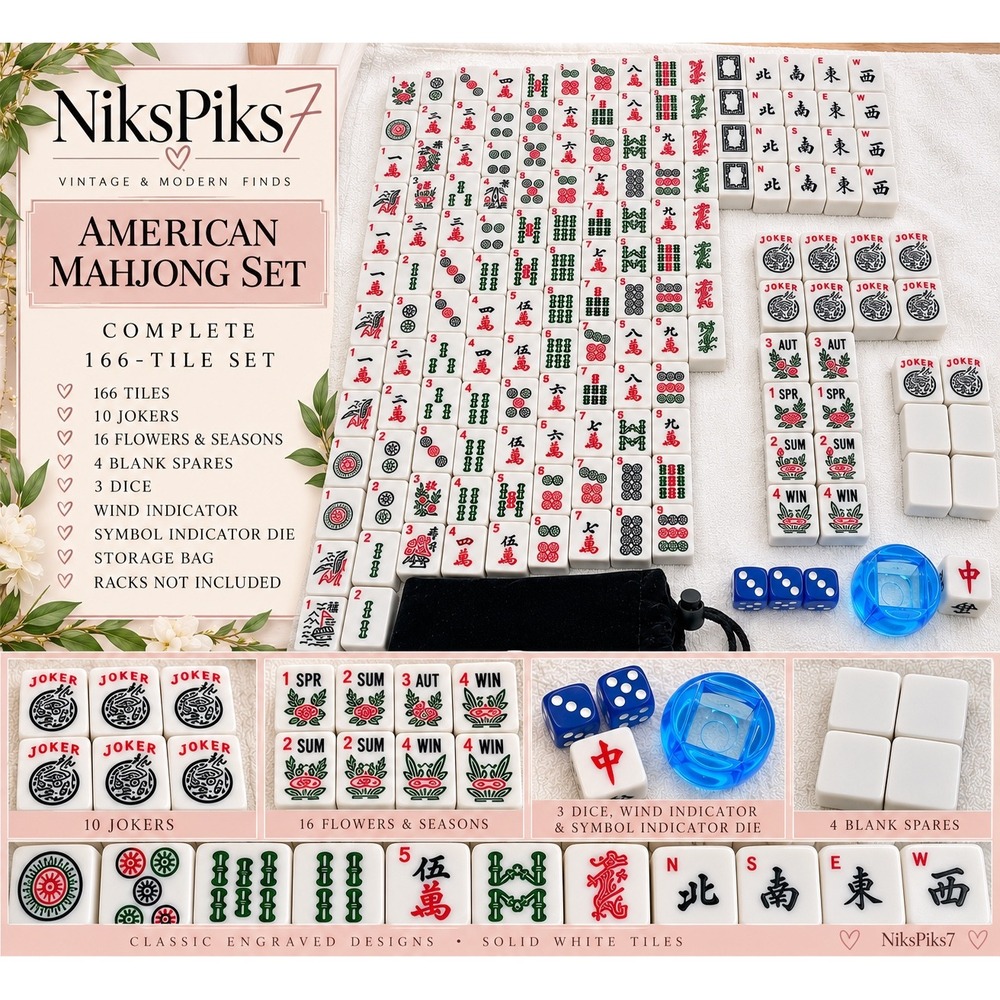 American Mahjong Set 166 Tiles 10 Jokers Flowers Dice Wind Indicator Bag